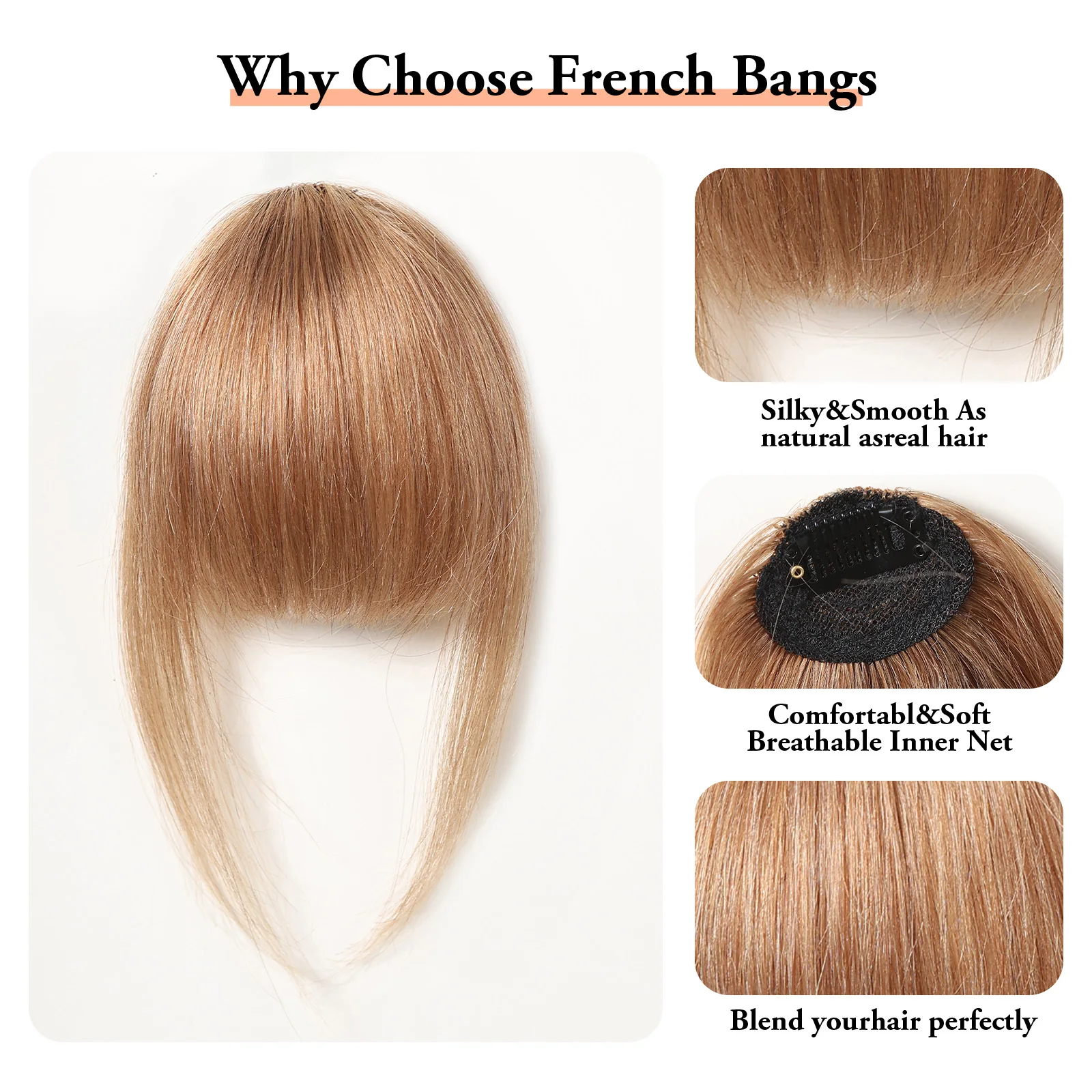 Strawberry Blonde Human Hair Bangs OverHead Clip in Hair Extensions Blunt Cut Natural Hair Bangs Fringe Hairpieces for Afo Women