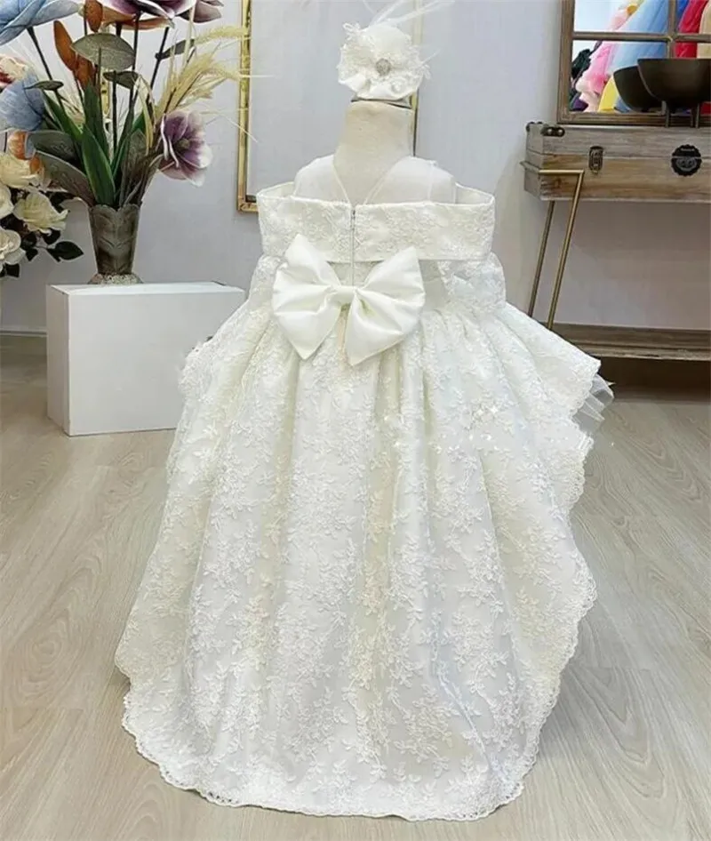 

New White Baby Girl Birthday Dress Kid Fluffy Tulle Lace Dress Shoulderless Customise Flower Girl Dress Size 12 18 24Month