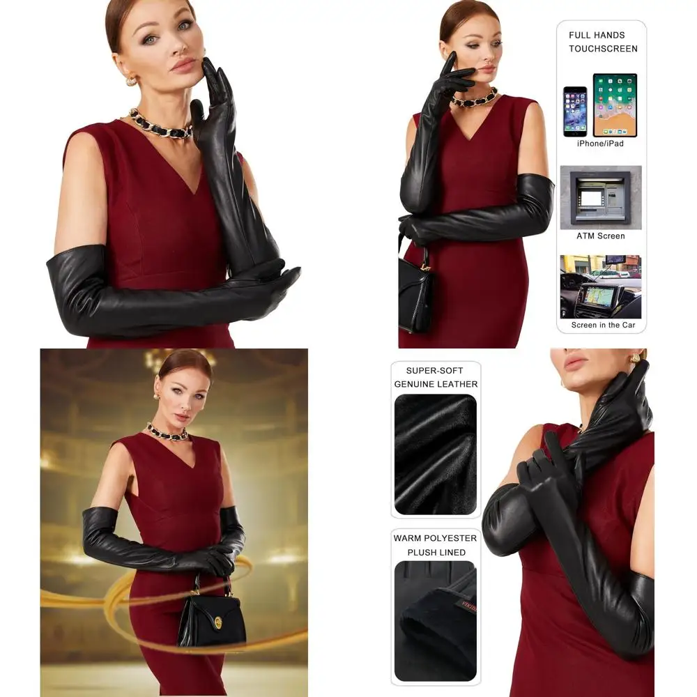 

Luxury Plush-Lined Women's Full Touchscreen Leather Gloves, 23.6, for Evening Events & Arty Costumes