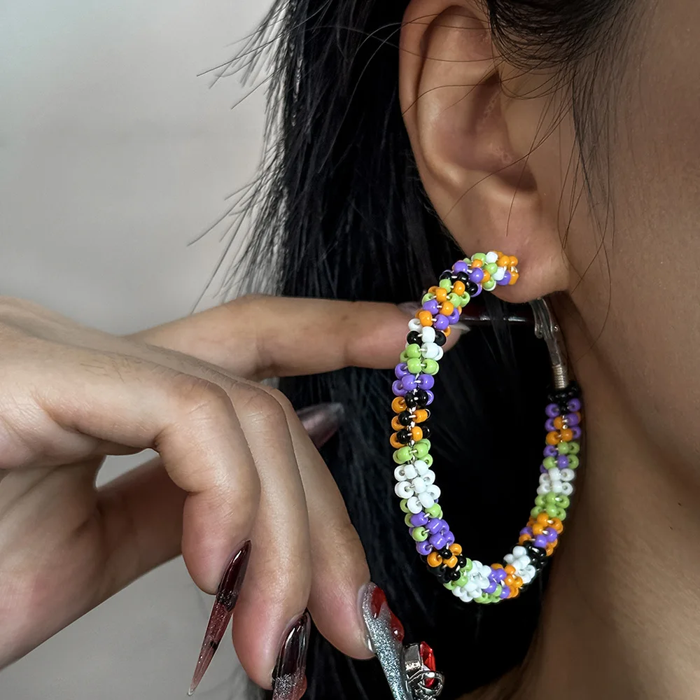 

Bohemian Style Colorful Beads Hoop Earrings for Women Vintage Elegant Handmade Beading Earrings Jewelry Christmas Party Gifts