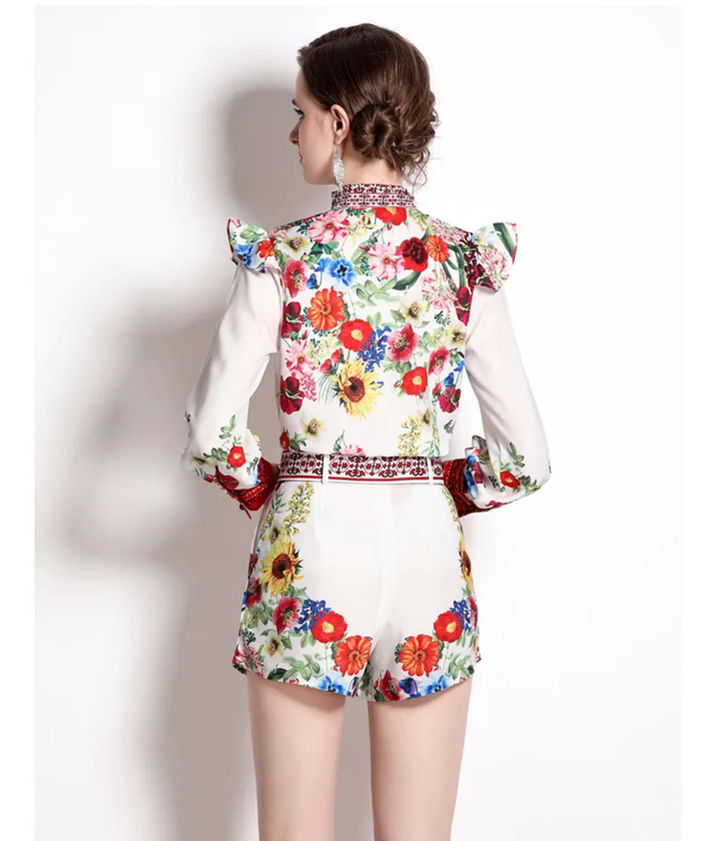 2022 Autumn New Vintage Flower printed Fashion 2 Piece Set Women V Neck Long-Sleeved Ruffled Shirt Top + Shorts Suit With Belt