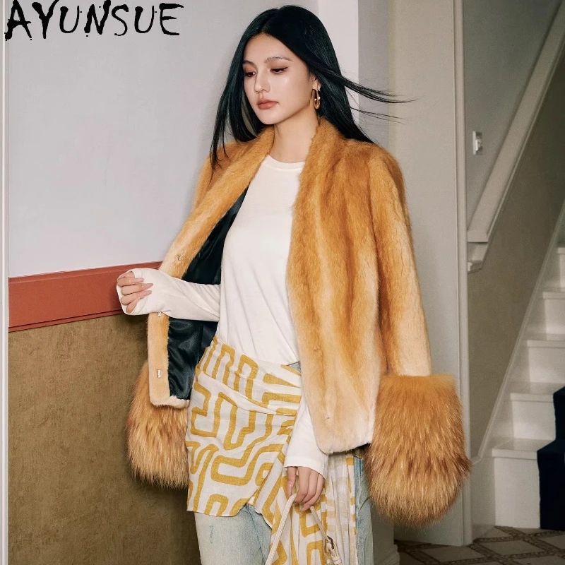 AYUNSUE Muskrat&Waschbär Pelz Mäntel Frau Winter Echtpelz Jacke High Street Outer V-ausschnitt Pelzmantel Frau Kleidung caiба Ж 1897