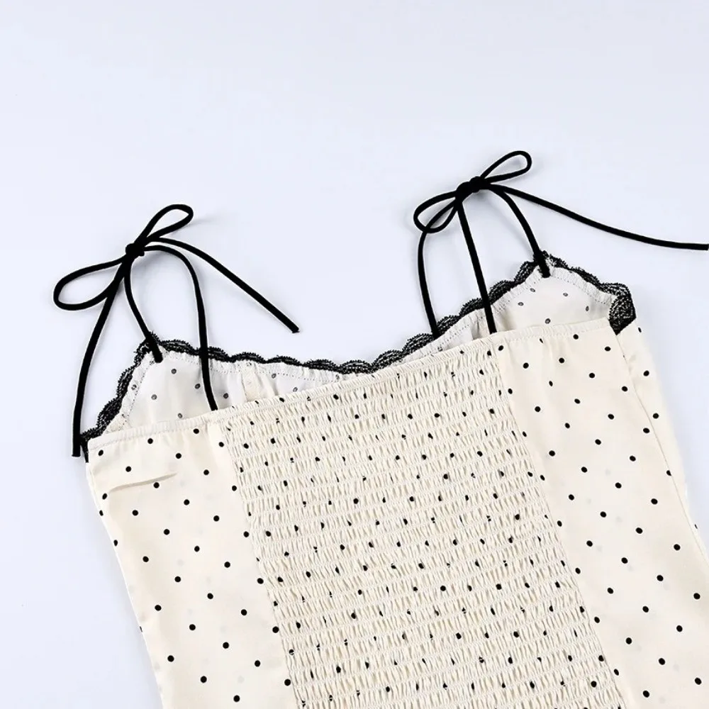 Spaghetti Strap Polka Dot Tank Top Square Neck Slim Cropped Sleeveless Silk Vest Off-shoulder Spring Short Blouse Female