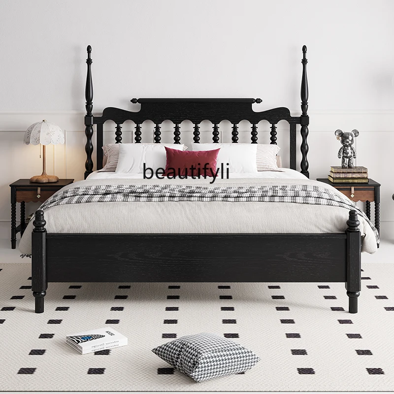 French retro solid wood black 1.8 meters double bed solid wood Windsor master bedroom queen bed