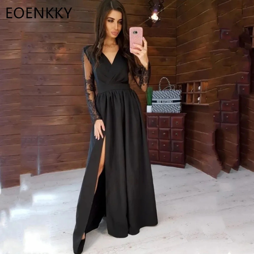 

EOENKKY Black Chiffon Formal Evening Dress V-Neck Long Sleeved vestidos de gala A-Line Elegant Party Dresses For Women