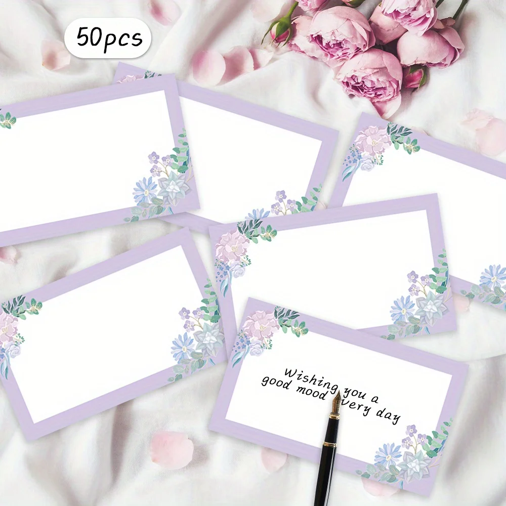 50PCS Purple Flower Blank Message Cards, Mailing Cards, Small Business Supplies, Gift Labels, Birthday, School Supplies