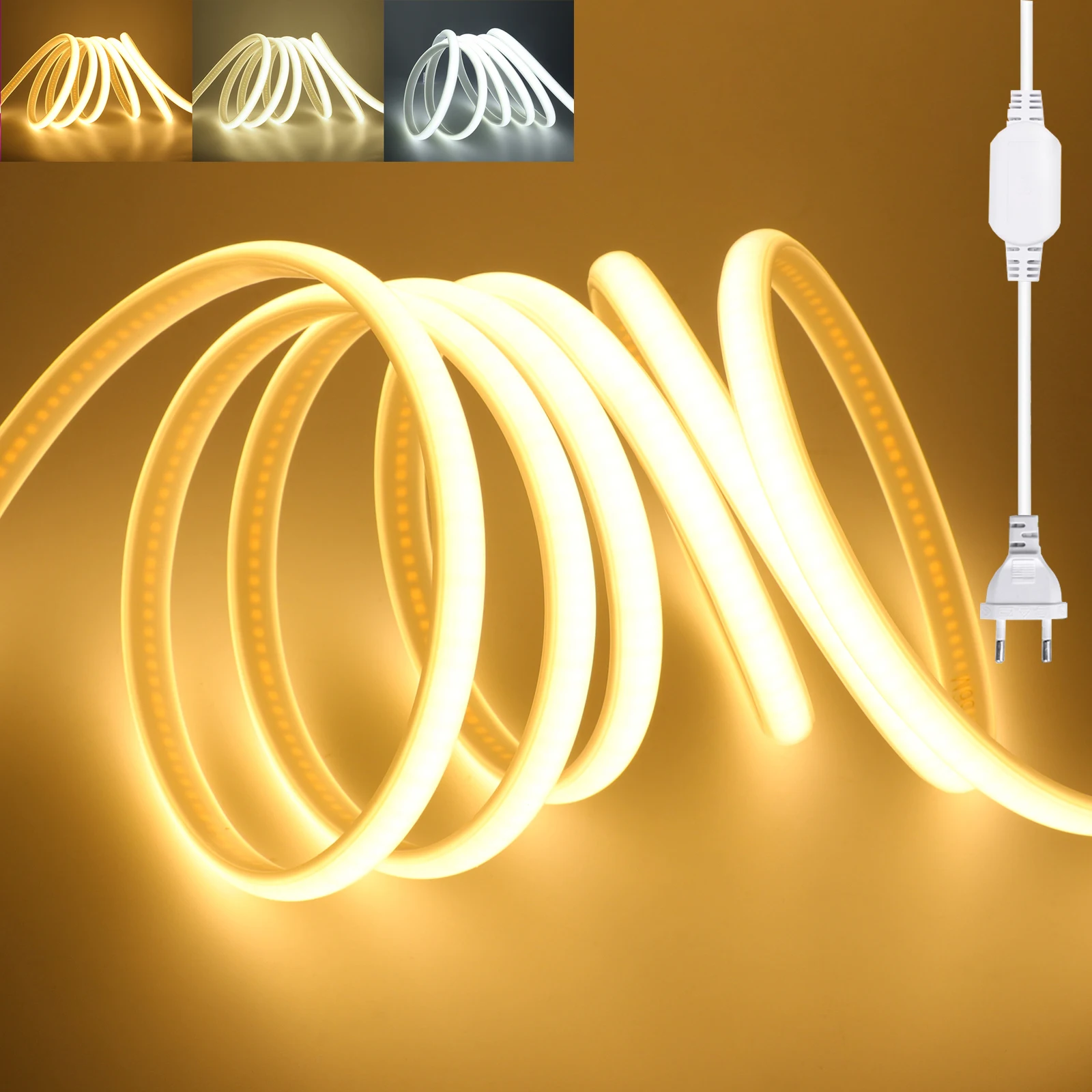 

220V EU UK Plug COB LED Strip Light 288LEDs/m Flexible LED Tape Ribbon Waterproof Outdoor Lamp for Kitchen Home Room Decoration