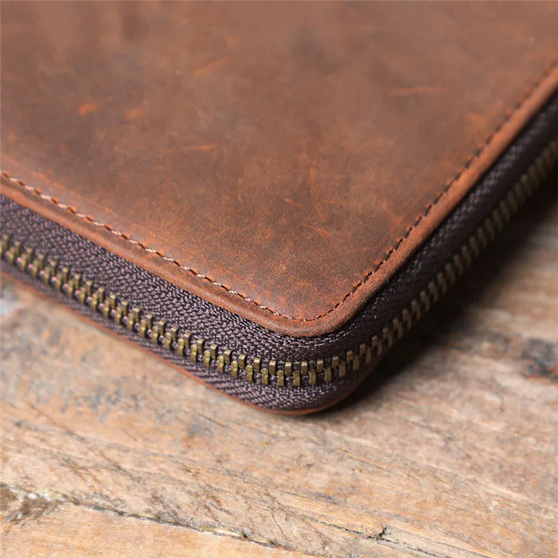 Portefeuille long en cuir véritable pour homme, porte-cartes multi-cartes, pochette pour téléphone, sac à main décontracté, cuir de vachette cheval, simple, vintage, élan