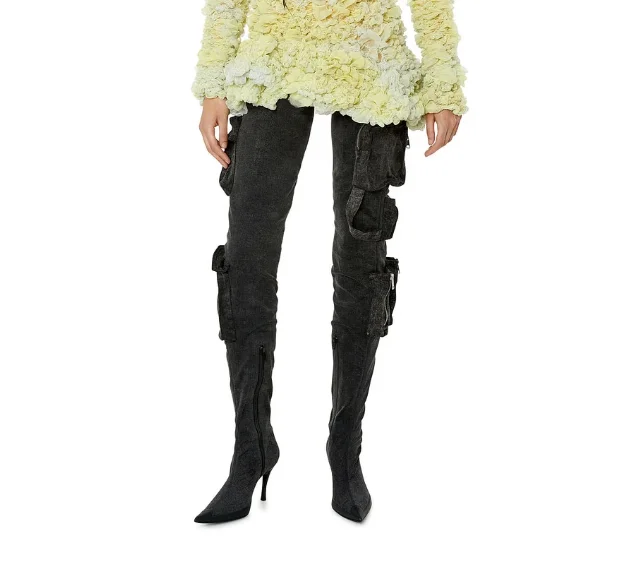 New Fall/Winter Women's Black Denim Over The Knee High Boots Tee Pocket Cargo Design Pointed Toe Stiletto High Heel Long Boots