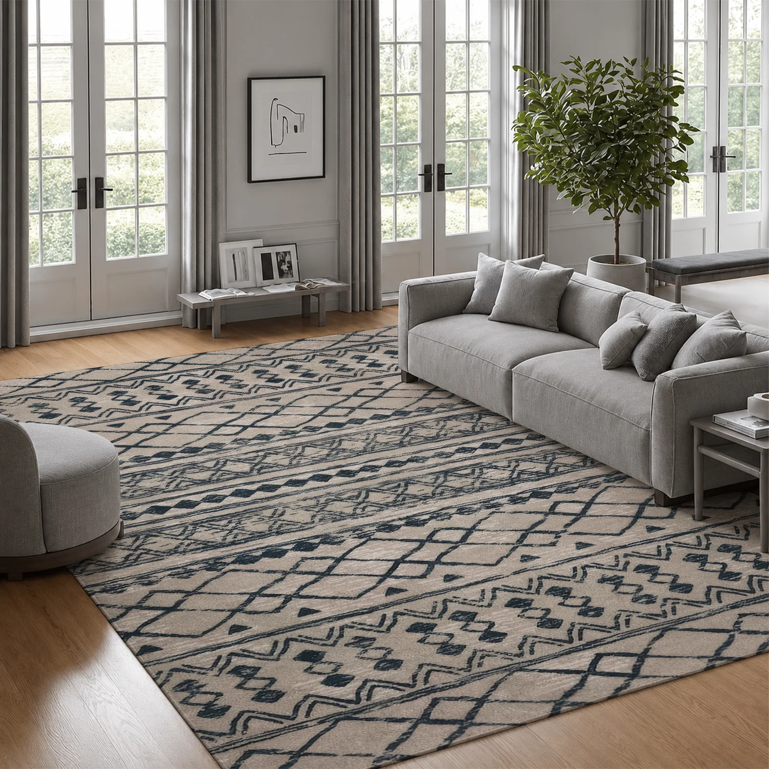 Large Indoor Area Rug, Soft Velvet Low Pile with Non-slip Dotted Backing, Machine Washable Bohemian Tribal Geometric Beige Dark Blue Rug for Living Room, Bedroom, Entryway, Neutral Modern Home Floor Decor