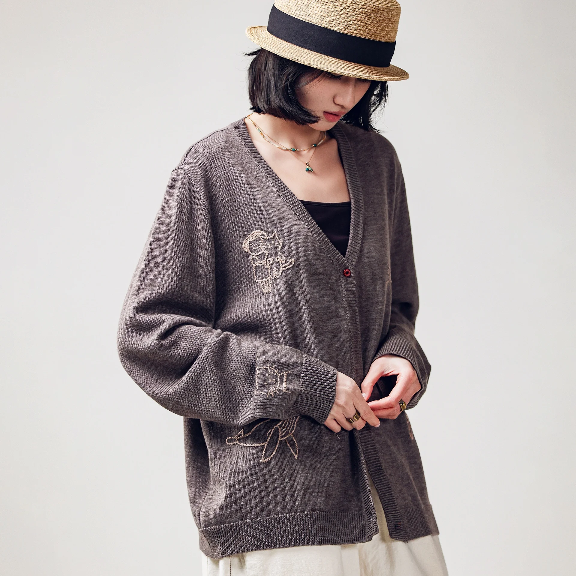 

Handmade Knit Sweater Silk Luminous Wool Smooth Embroidered Flower Silk Satin V-Ne Long Sve Women's Faion Artistic Sle