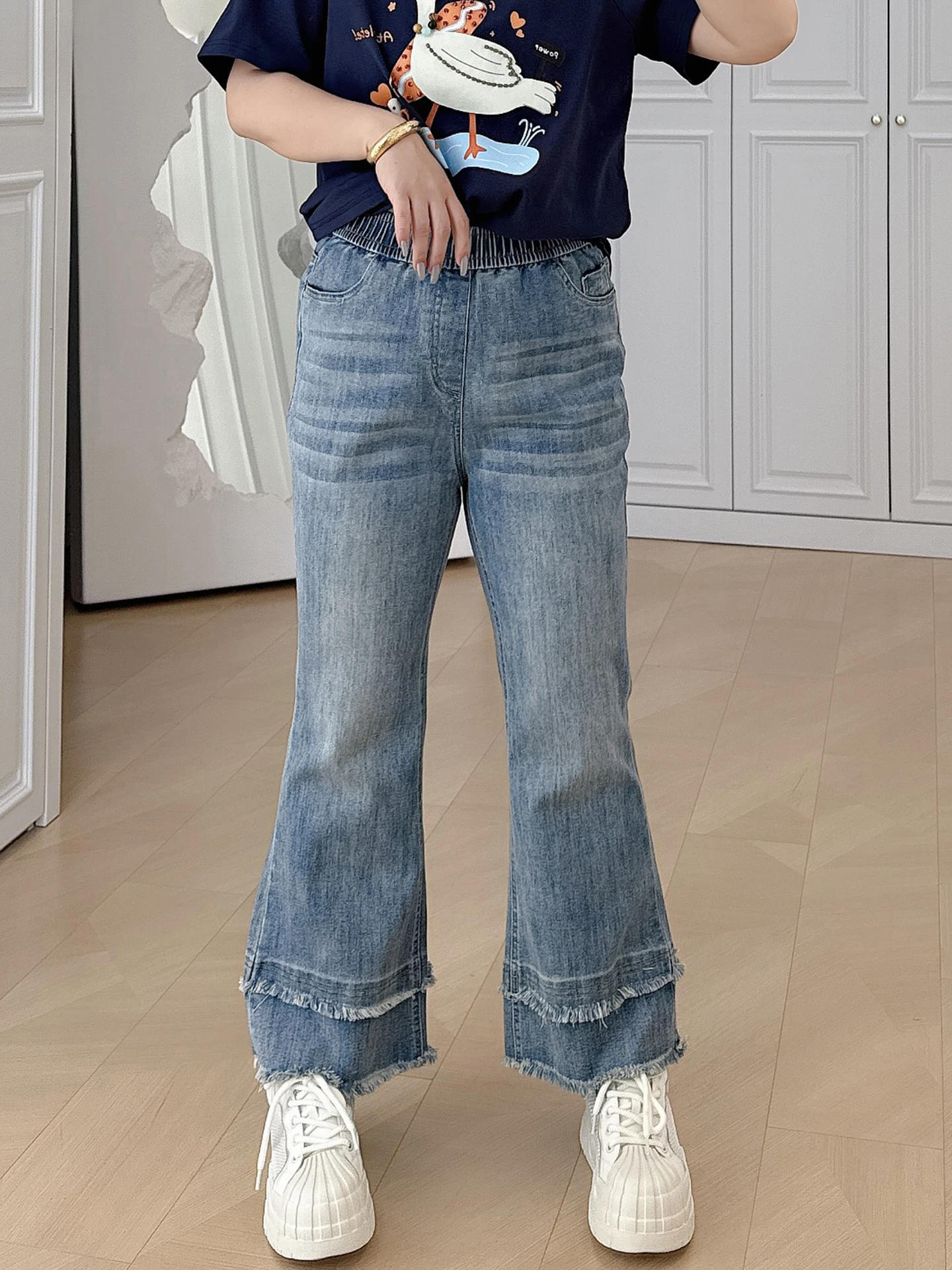 

Retro High Waist Bell Bot Jeans plus Size Women's Casual Long Pants Elastic Frayed Denim Slimming for Heavy Girls