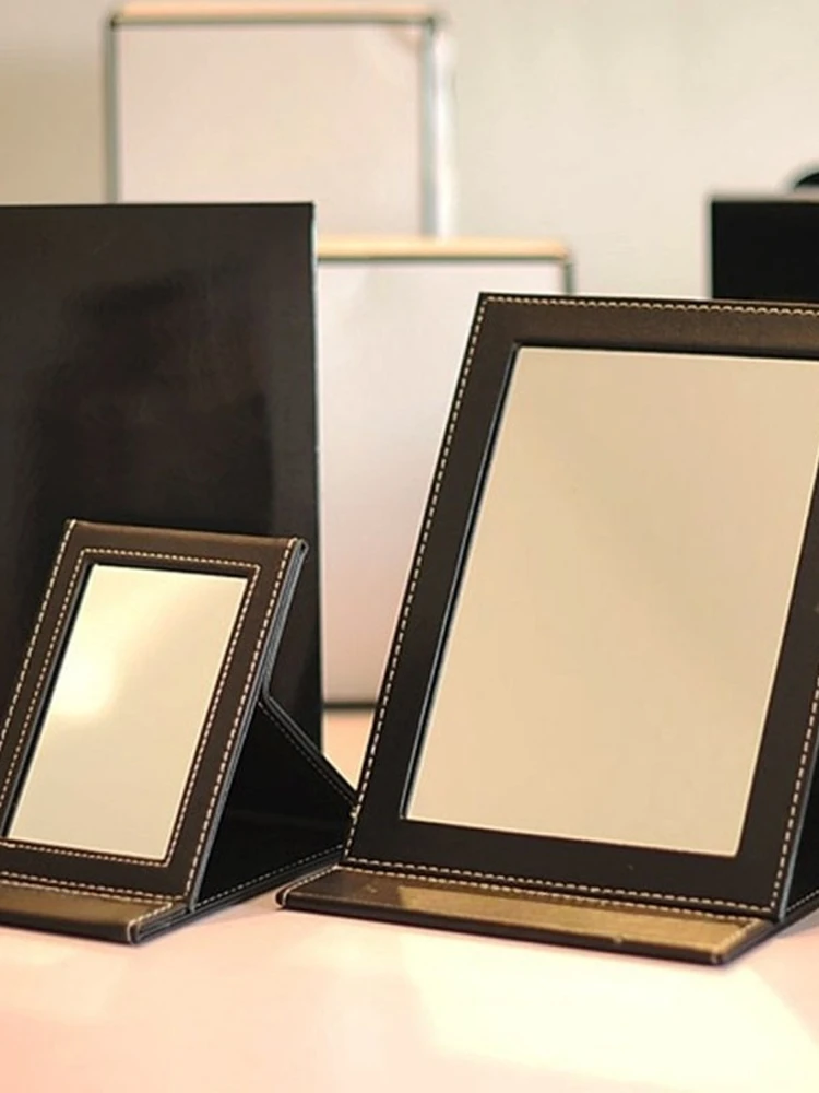 กระจกแต่งหน้าแบบพับได้ตั้งโต๊ะ PU ความคมชัดสูง ขนาดใหญ่ พกพาสะดวก กระจกแต่งหน้าแบบพกพา กระจกแต่งหน้าแบบตั้งโต๊ะ