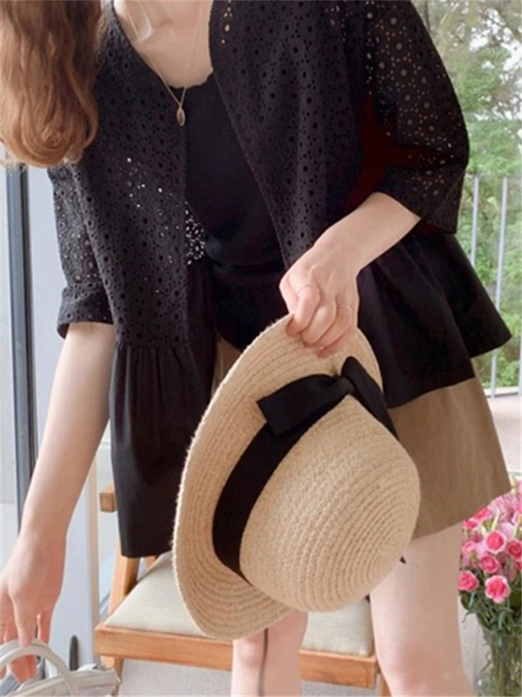 Colorfaith BL6673JM New 2024 Korean Fashion Open Stitch Shirts Cutout Vintage Women Spring Summer Elegant Lady Blouses Lady Tops