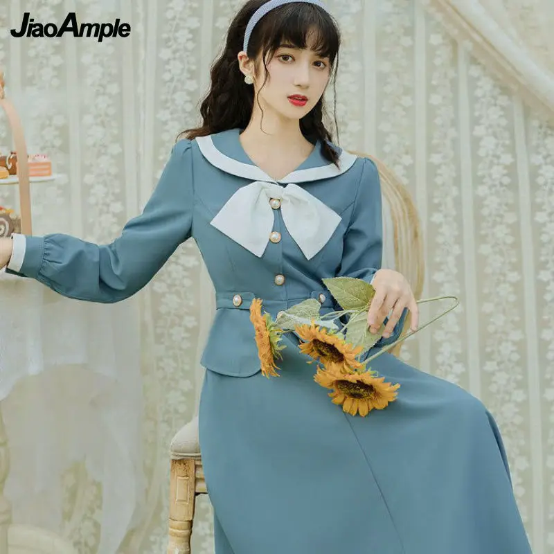 Women\'s Dresses 2024 Spring Autumn Fashion Fake Two-Piece Lantern Sleeves Blue Casual Dress Korean Elegant Bow Retro Long Skirt