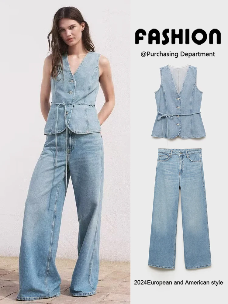 

New Summer Women's V-ne Svel Waist-cinched Denim Vest High Waist Loose Wide-leg Jeans Faionable Ethnic Sle