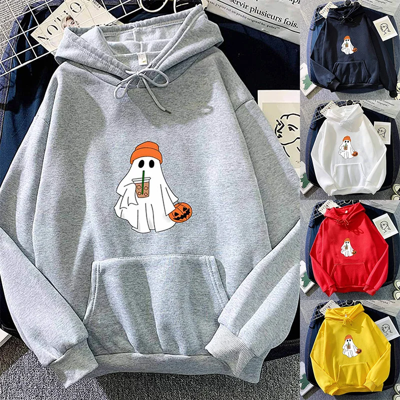 2024Autumn Hoodie Women's Casual Hooded Sweatshirt Creative Hoodie Matching Streetwear Ghost Milk Tea Pattern Monogram Hoodie