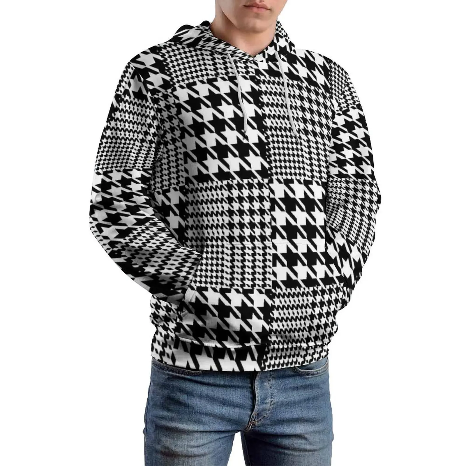 

Houndstooth Patchwork Casual Hoodies Man Black And White Y2k Graphic Hooded Sweatshirts Autumn Long Sleeve Loose Oversize Hoodie