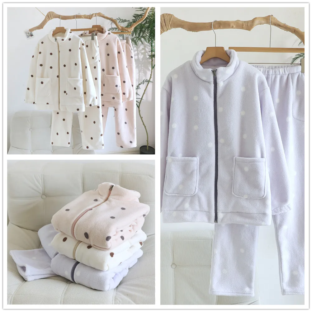pyjama-en-flanelle-epaisse-a-pois-pour-femmes-ensemble-pantalon-de-nuit-d'hiver-vetements-de-maison-decontractes-et-chauds-en-polaire-corail-vetements-de-detente
