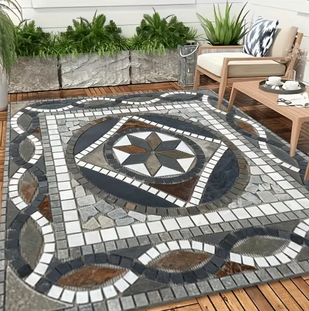 Vintage Bohemian Floral Outdoor Floor Mat with Gold Diamond Terraces Beaches and Hardwood Floors Garden Carpets