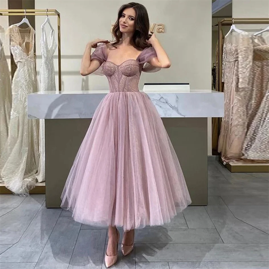 

Hot A-line Cap Sleeves Shiny Dusty Pink Tulle Prom Dresses Sweetheart Glitter Girls Evening Party Gowns Tea Length Formal Dress