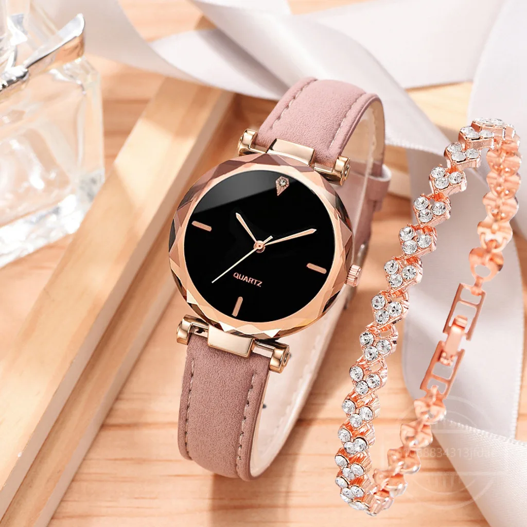 2pcs Luxury Fashion Women Watch Set PU Leather Strap Ladies Quartz Wristwatch Rhinestone RoseGold Alloy Bracelet For Ladies Gift