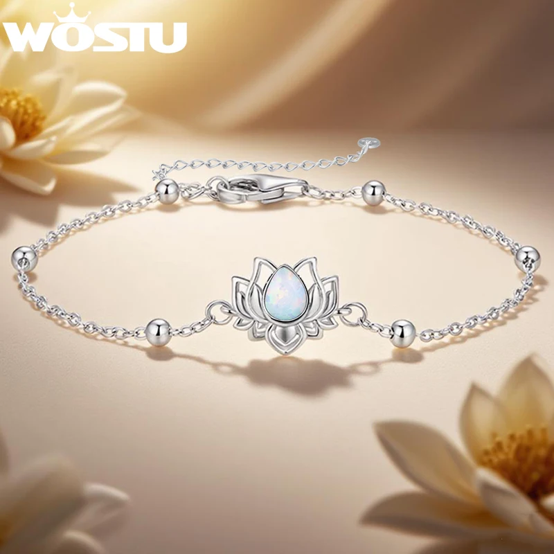

​​WOSTU 925 Sterling Silver Lotus Bead Chain Bracelet for Women, Adjustable White Opal Pendant Link Yoga Meditation Jewelry Gi