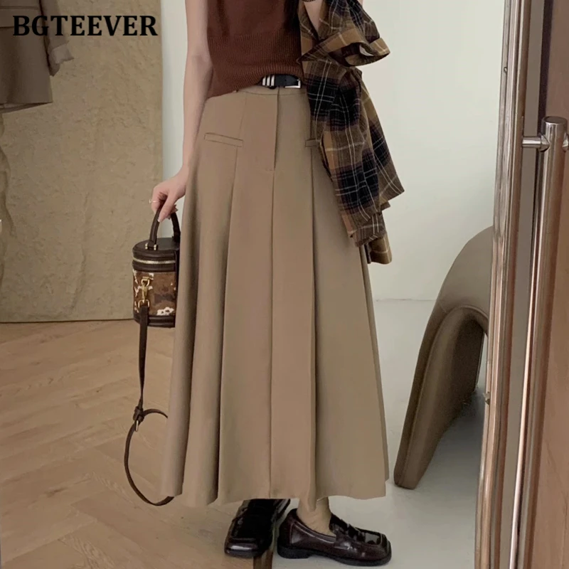 BGTEEVER High Waist Belted Women Pleated Skirts Elegant Loose Single Button Female Mid-Length Skirts Spring Summer