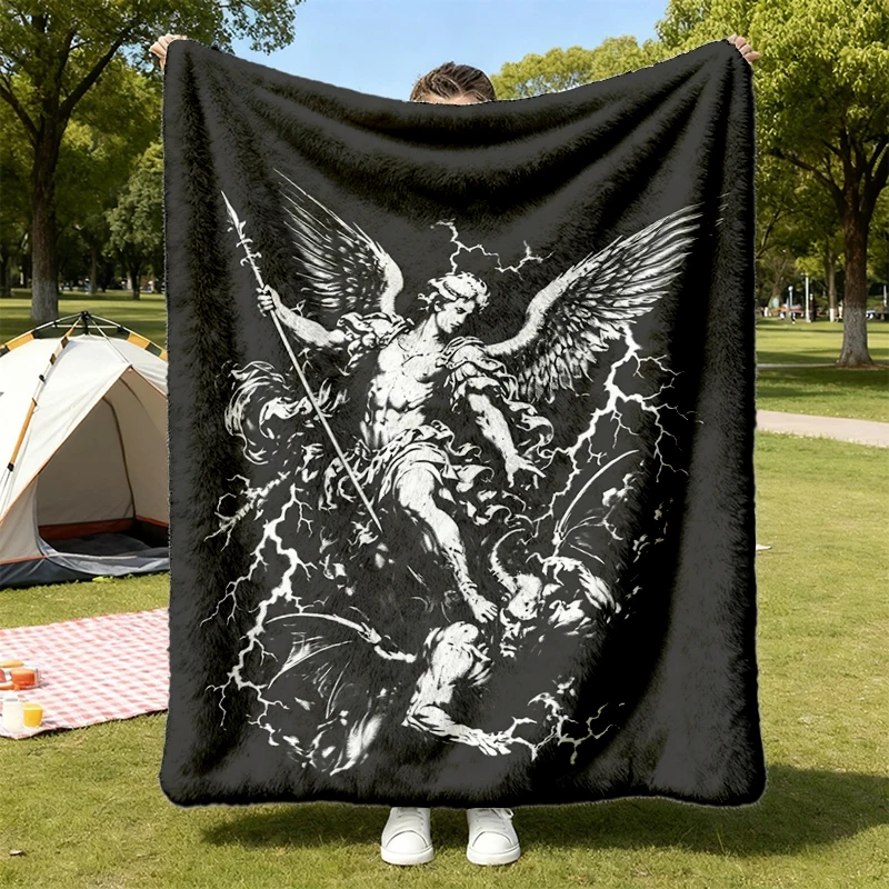 Archangel Michael Slaying Demon Flannel Blanket, Christian Warrior Throw, Catholic Religious Gift