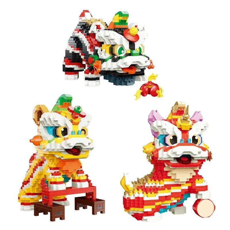 Mini blocos de construção decoração de ano novo tijolos diversão chinesa sorte dança leão fortuna gato brinquedos para crianças presente adulto