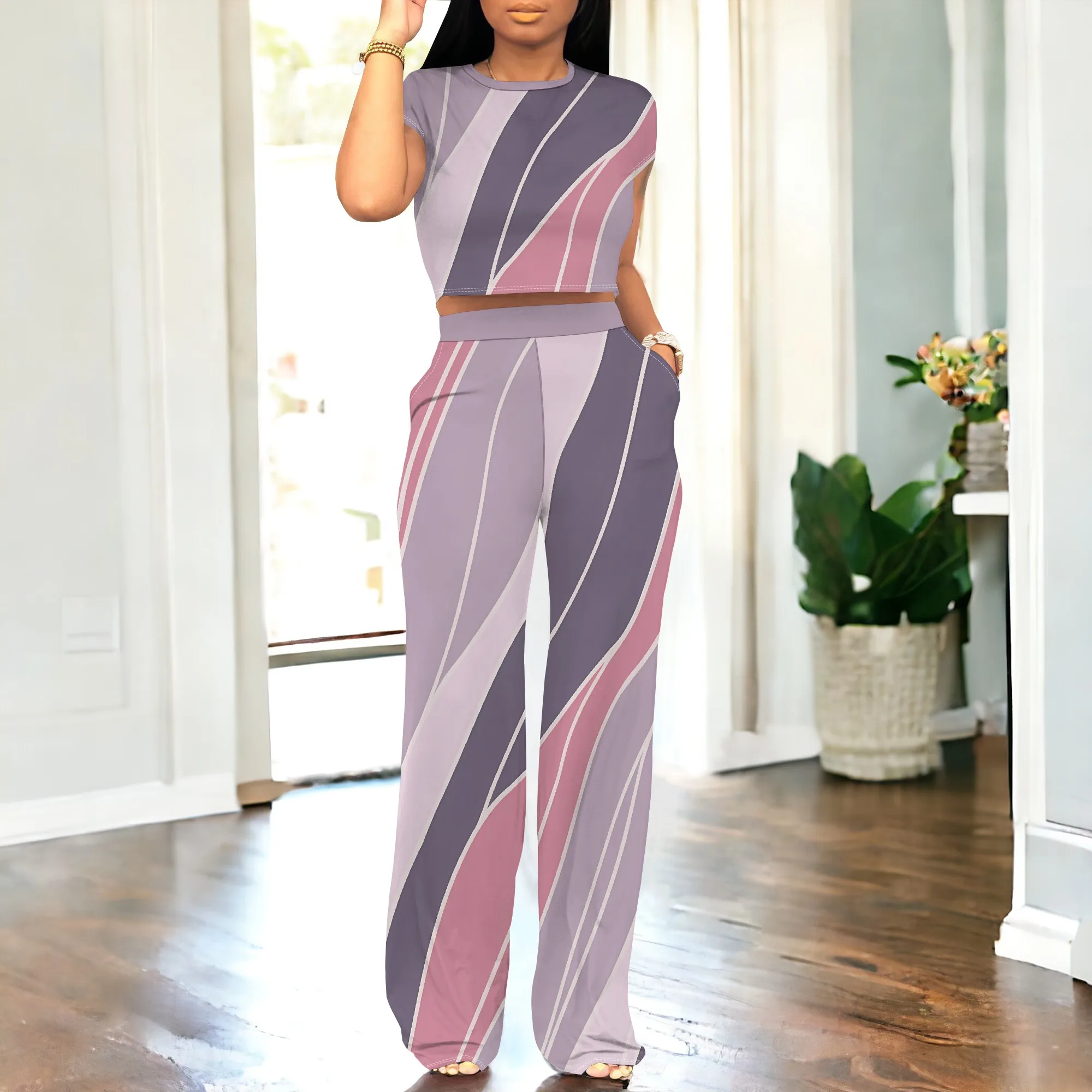 

Colorful Geometric Print Two Piece Set Women Summer Sleeveless Crop Top and Wide Leg Pants Casual Outfit