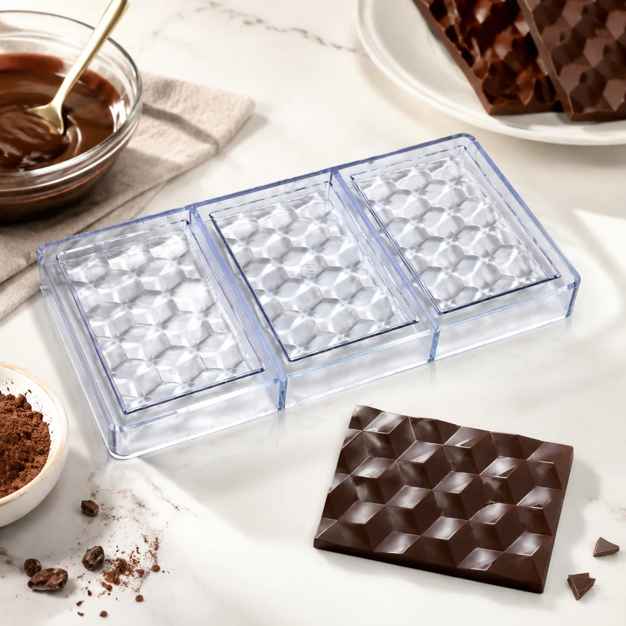 3-Cavity 3D Diamond Pyramid Polycarbonate Chocolate Tablet Mold, Textured Bonbon & Confectionery Chocolate Bar Making Mold