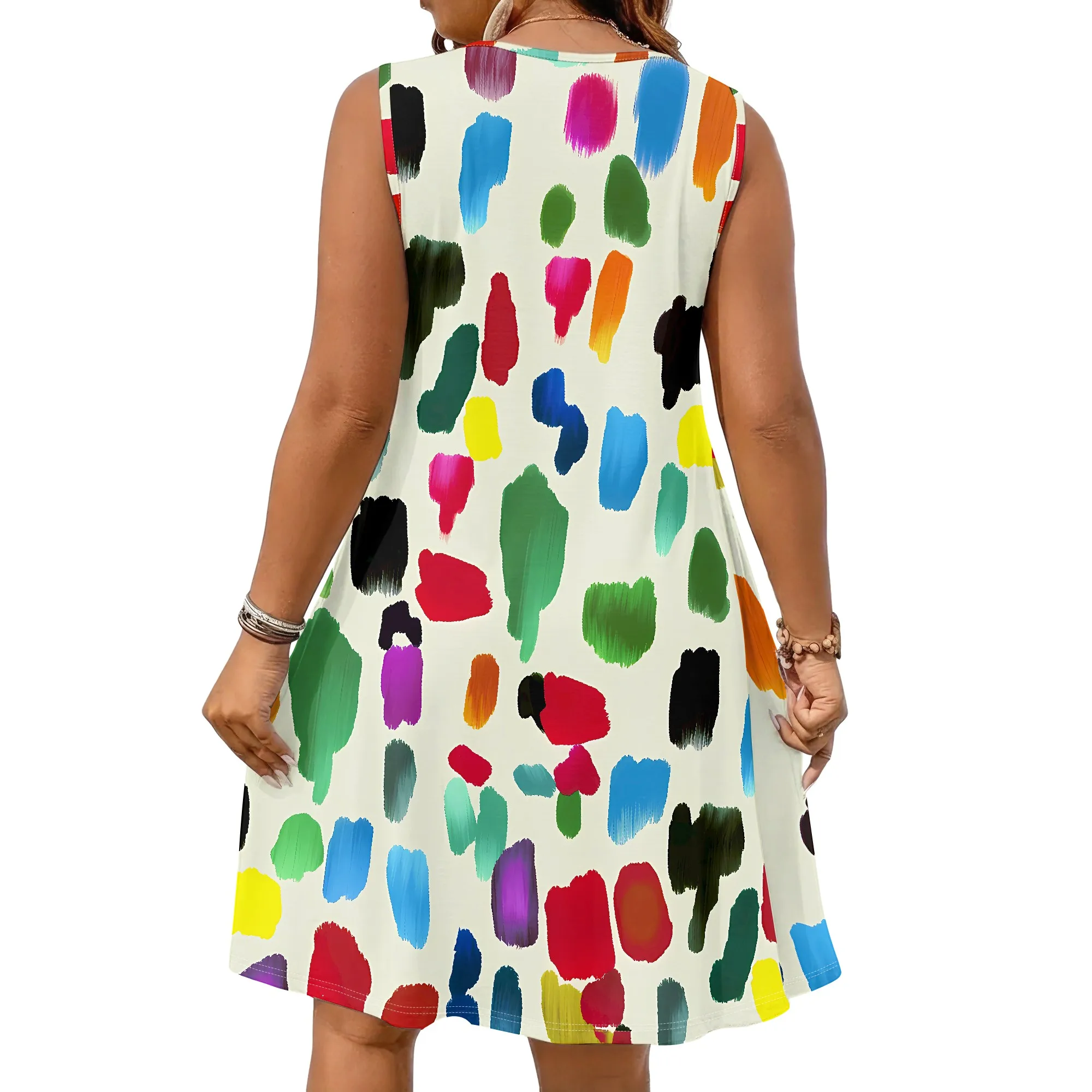 Bild 7: Buntes ärmelloses Kleid mit Farbdruck, Sommer-Minikleid mit abstraktem Kunstmuster, lebendige Pinselstriche, Freizeitkleidung für Damen, XL-5XL