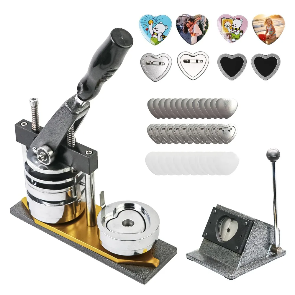 DIY Square Fridge Magnet Pin Maker Machine 2.24x2.09 Inch Heart-Shaped Badge Press with Paper Cutter & 500pcs Materials