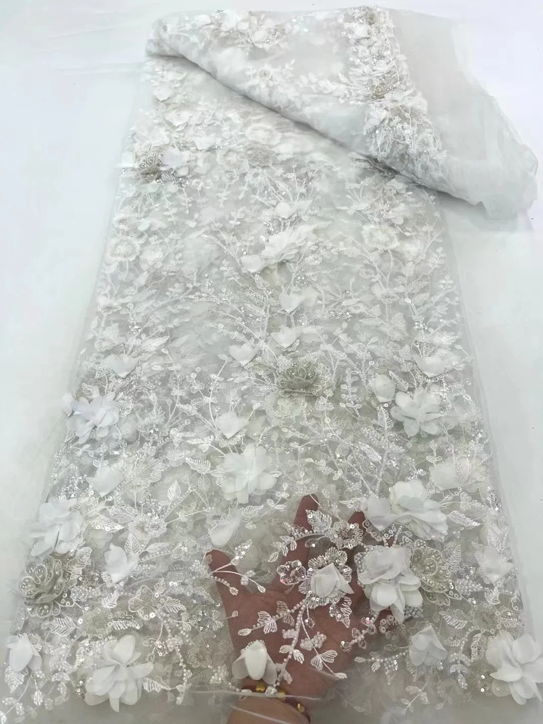 Lujoso francés bordado con cuentas de gasa 3D lentejuelas florales tela de encaje africano de alta calidad vestido de tela de encaje nigeriano