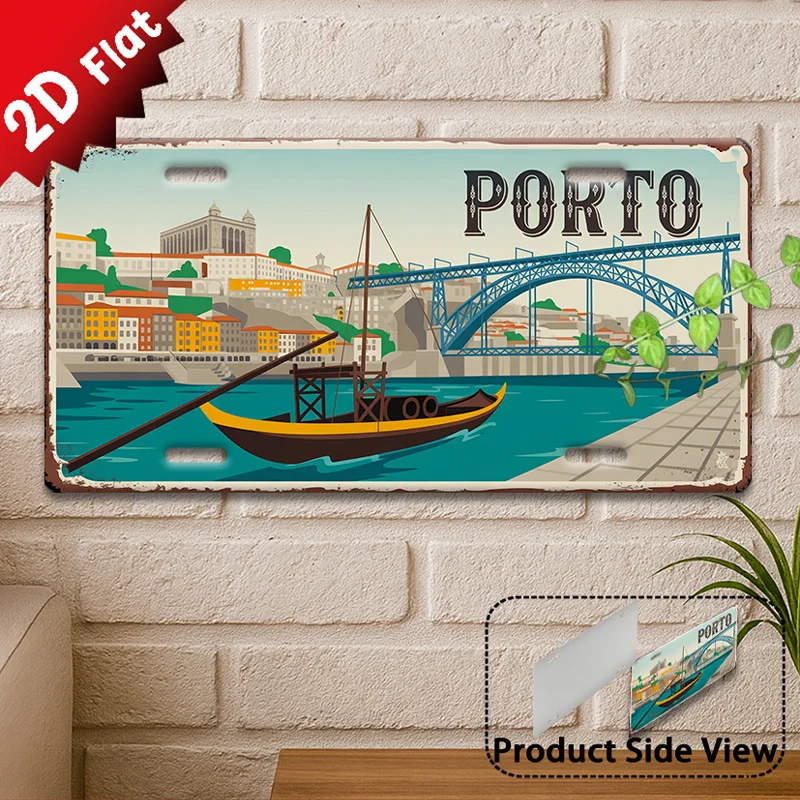 2D Flat,1pc Vintage Metal Sign,Decorative Only, Outdoor Plaque & Wall Decor Porto Bridge River View Aluminum Sign,Ideal for H