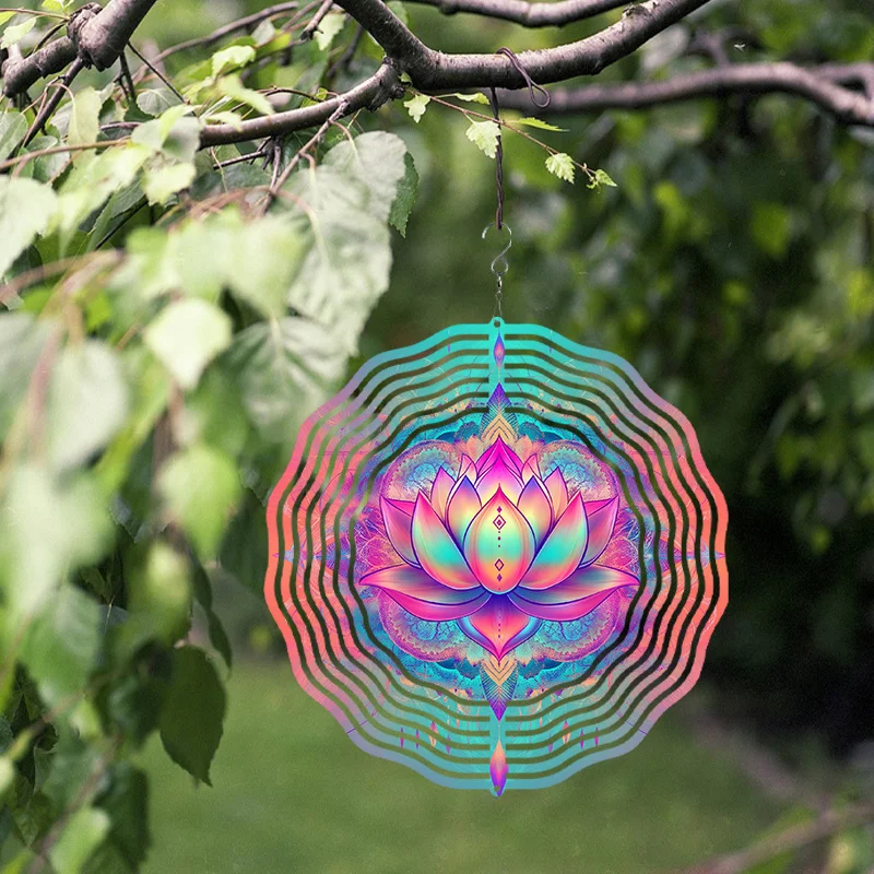 Bohemian Style Mandala Flower Printed Wind Chime, No Battery Required, Rotating Dynamic Effect Adds Vitality to Garden Decor