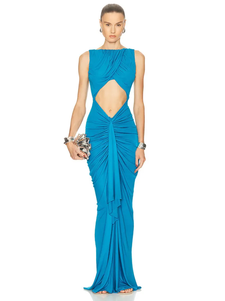 2025 frauen Promi Sexy O Neck Geraffte See Blau Schlüssel Loch Maxi Lange Kleider Kleid Elegante Abend Party Club Vestido