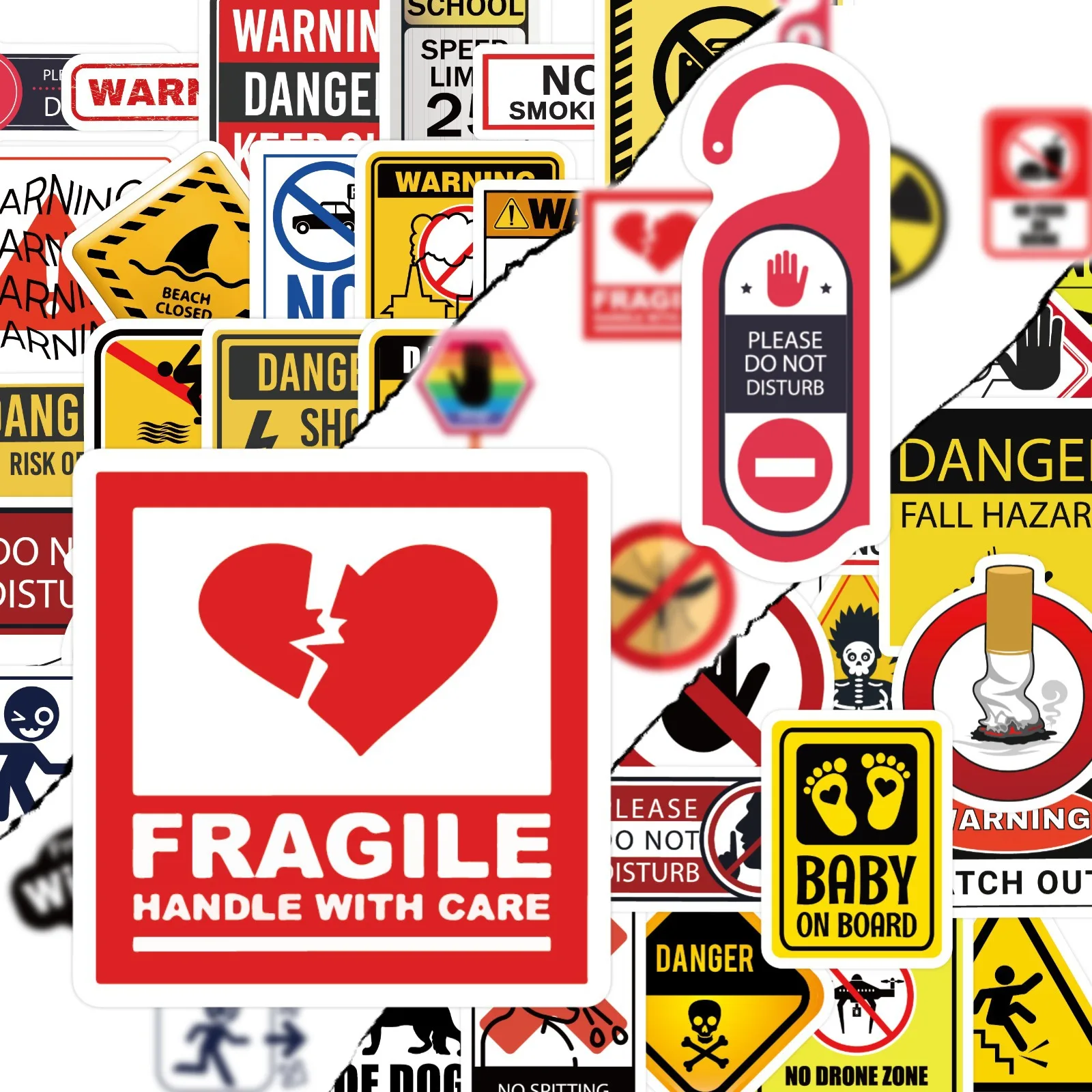 50 Pcs Realistic Warning‑Sign Stickers, English Early‑Learning Object Recognition for Kids & Toddlers