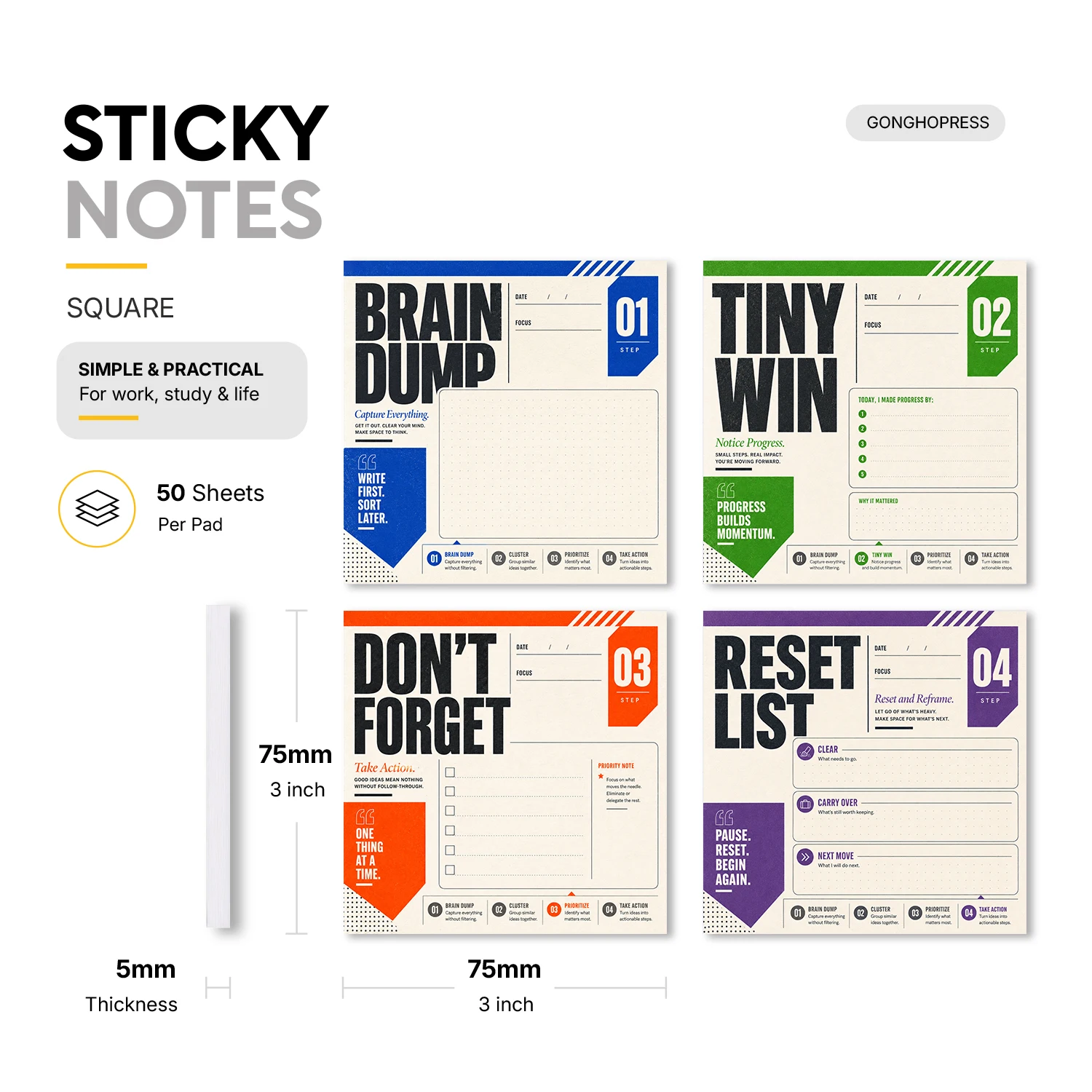 4pcs Productivity Sticky Notes Set, Self Stick Memo Pads for To Do List, Brain Dump, Reset List and Tiny Win, 200 Sheets Total,