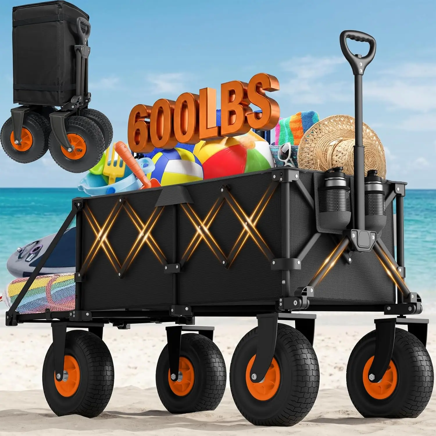 

Beach Wagon with 10" Big Wheels for Sand - Heavy Duty Collapsible Folding Cart All Terrain for Camping