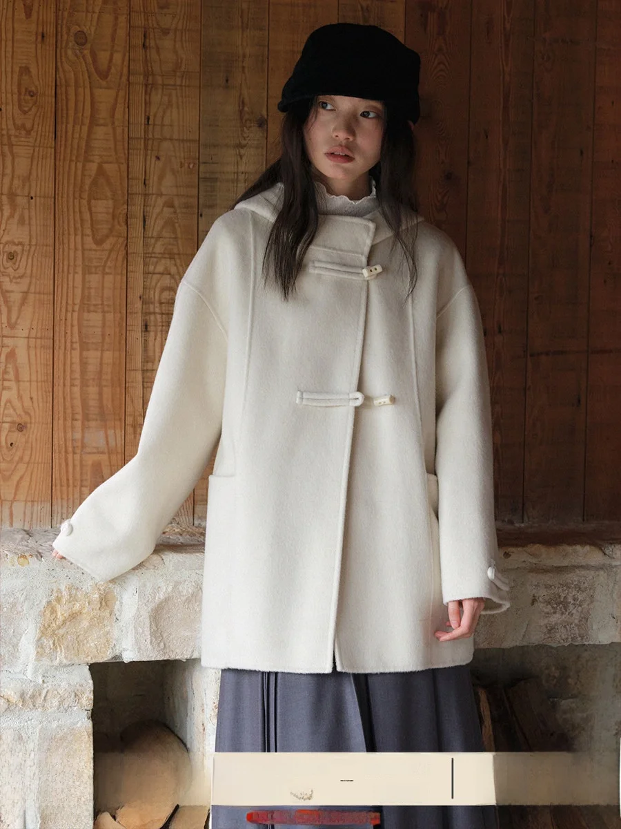 

Двустороннее шерстяное пальто Blueerror с капюшоном, средней длины, женское, в стиле Lazy Sle, весенняя мода, французский стиль, свободный крой, теплое