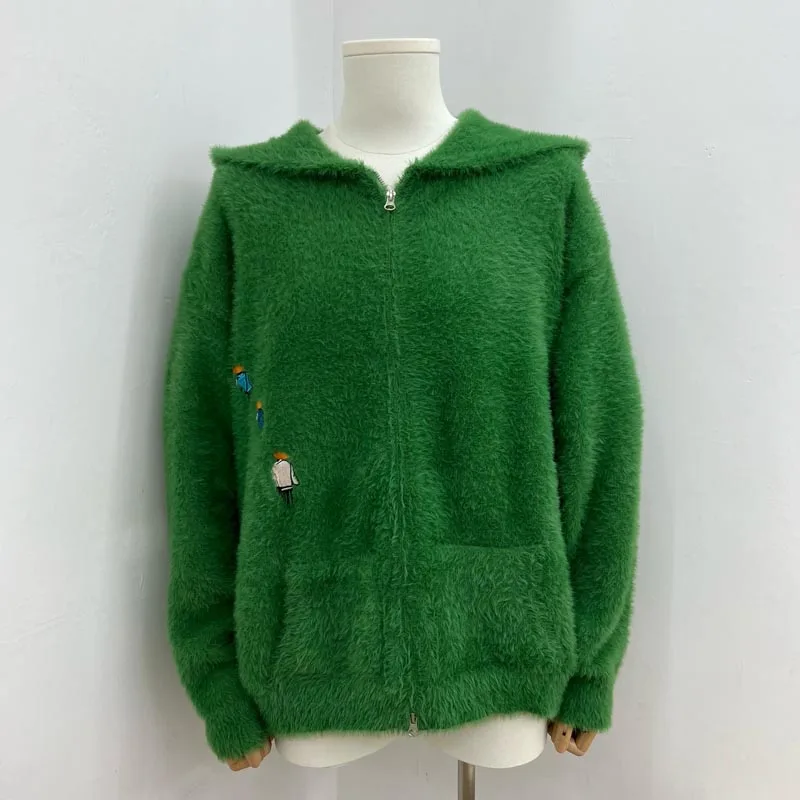 New Autumn Winter Zipper Casual Warm Green House of Errors Sweater Embroidered Figure Hooded Cardigan Sweater