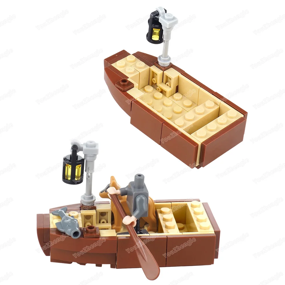 Bloc de construction de bateau en bois à rame unique, figurines MOC, lanterne de pêche pour chien de compagnie, équipement de scène assortie, modèle de lieu, jouet cadeau