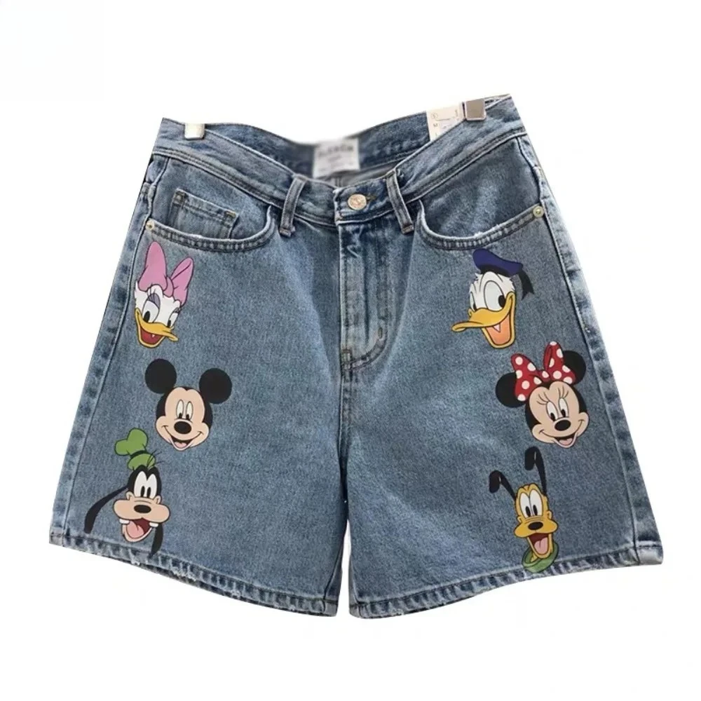 กางเกงยีนส์ขาสั้นทรงสกินนี่ลายการ์ตูนมิกกี้เมาส์ ดีไซน์เก๋ ลดอายุ แฟชั่นใหม่สำหรับผู้หญิง ฤดูร้อน ปี 2025 จากดิสนีย์