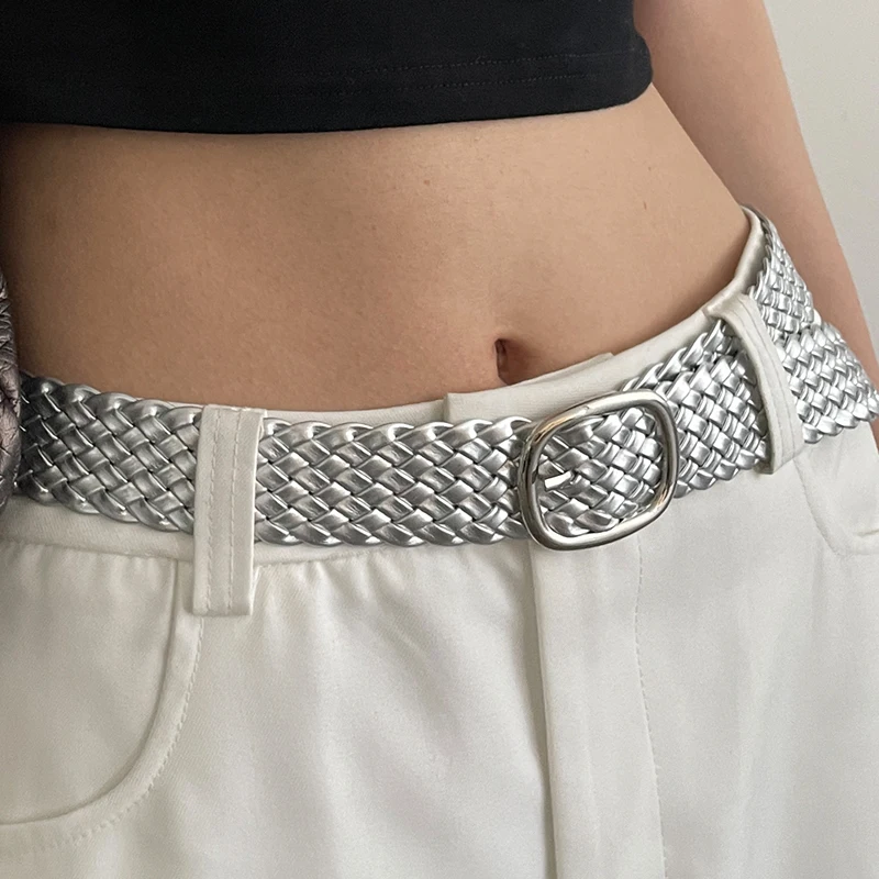 

Ladies' Instagram Student Silver Knitted Needle Buckle Belt Pu Leather Simple Korean Versatile Valentine's Day Belt Accessories