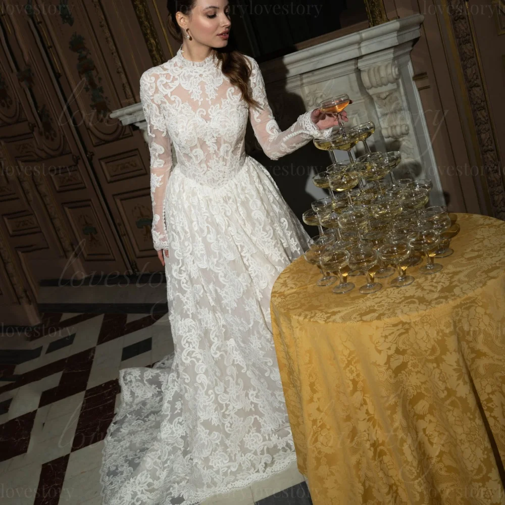 

Кружевные винтажные свадебные платья А-силуэта на заказ, роскошные свадебные платья с длинными рукавами, свадебные платья с пуговицами, свадебные наряды для невесты.