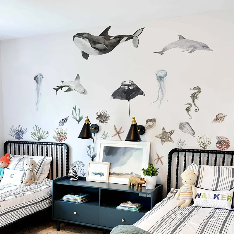 Underwater World Whale Wall Sticker Waterproof Watercolor Coral Ocean Life Wall Decals for Baby Room Kids Room Composable Decor