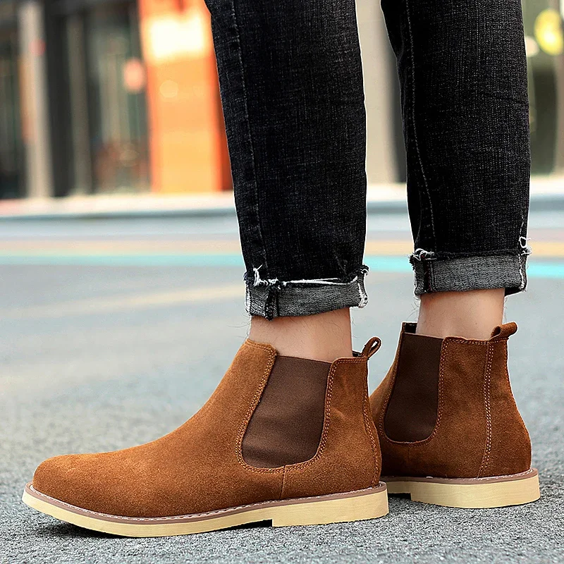 shoes man winter New Fashion Casual Men Ankle Chelsea Boots Male Shoes Cow Suede Leather Slip Ons plush warm Man snow Boots