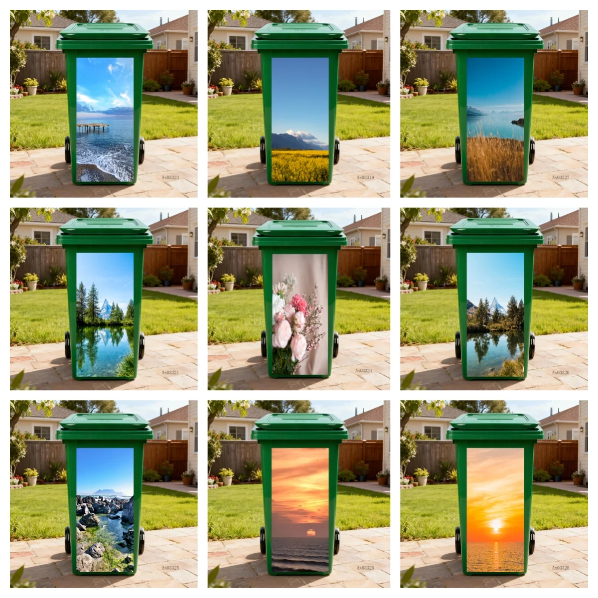 Valley River Green Mountains Blue Sky Wheelie Bin Decals Self Adhesive Waterproof Trash Can Cover for Outdoor Garbage Bin Decor